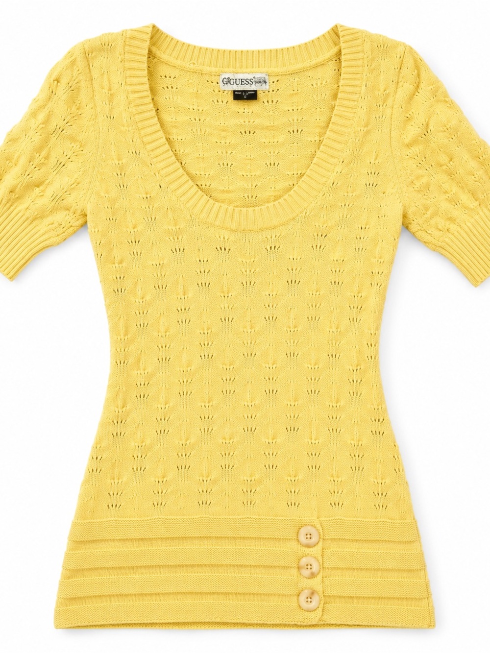 GUESS Yellow Short-Sleeve Scoop Neck Knit Top with Button Hem
